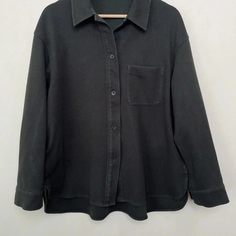 Uniqlo Womens Medium Dark Olive Brush Jersey Button Oversized Shirt - Picture 4 of 15